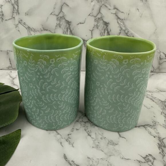 Anthropologie Floral Ombre Coffee Mug Set of 2 Green Blue Rustic Shape Cups - Picture 5 of 8